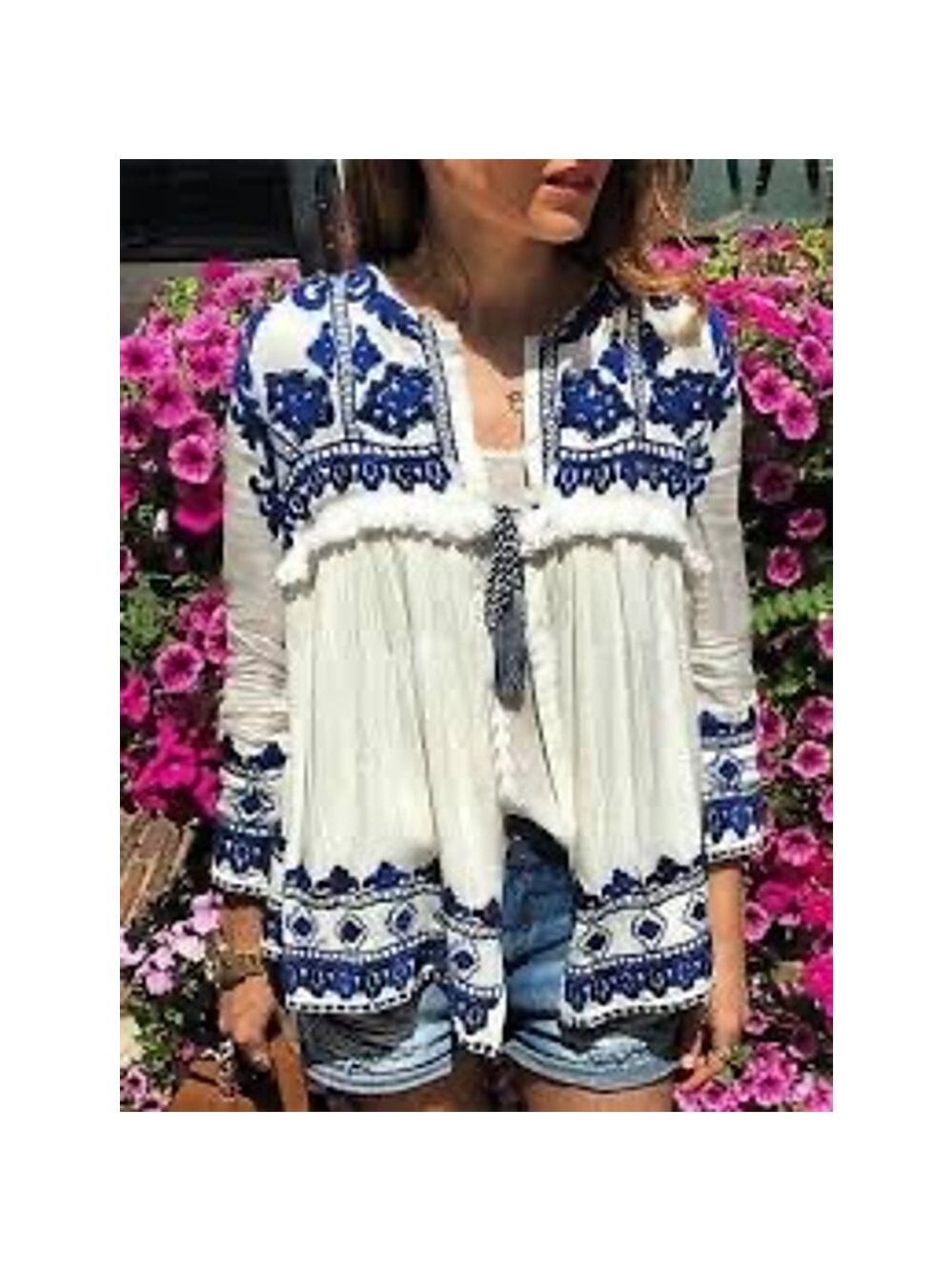 NEW Zara Trafaluc Embroidered Smocked Cardigan Size Medium White and Blue Flawed - Picture 2 of 16